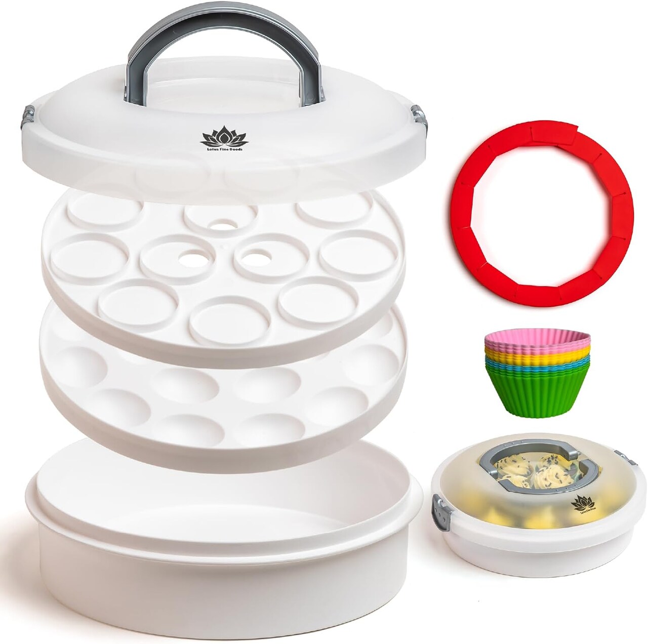 Premium 4 in 1 Cupcake Carrier with Lid - Cupcake, Deviled Egg, Pie & Cake Container - Includes Pie Crust Shield & 12 Silicone Baking Cups